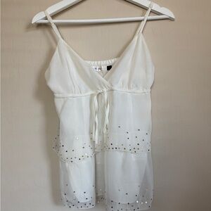 Y2K Old Navy Babydoll Top Cream Chiffon Tiered Ruffle Spaghetti Strap Sequin M